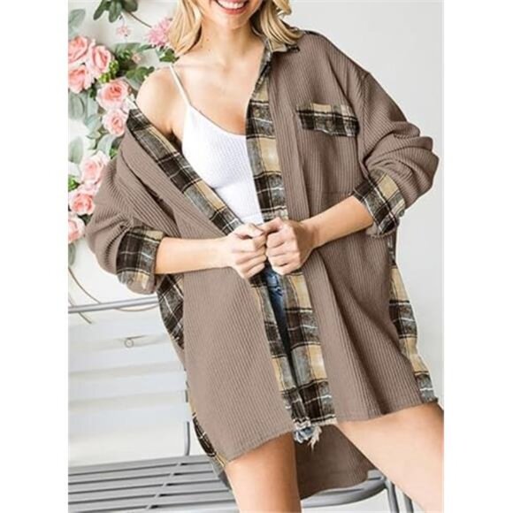 Women's Waffle Knit Plaid Shacket –  Button-Down Shirt Jacket - Picture 5 of 7